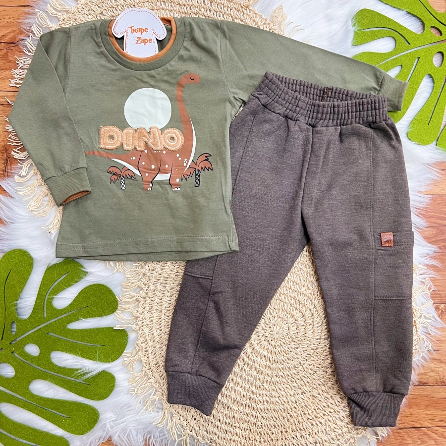 Conj. Blusa Manga Longa Dino e Calça de Moletom - Verde Musgo e Marrom